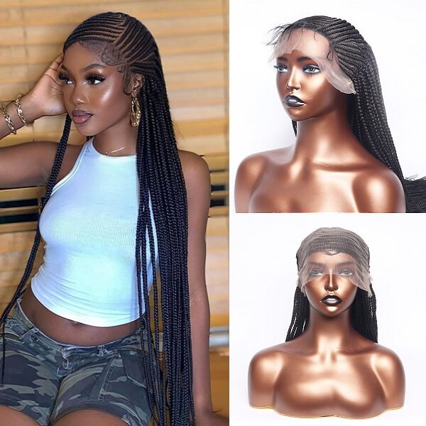 Asymmetric Side-Parted Cornrow Braided Wig 32” Micro Braids 13x7 Lace Front Wig-MBW15