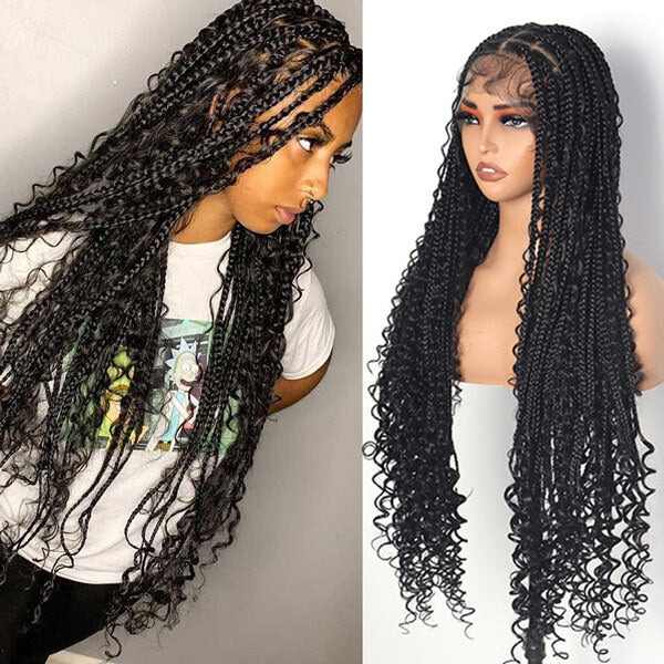 Invisible Knots HD Lace Braided Wig For Black Women Boho Braids With Tangle-free Curly Ends 36 Inch-MBW29