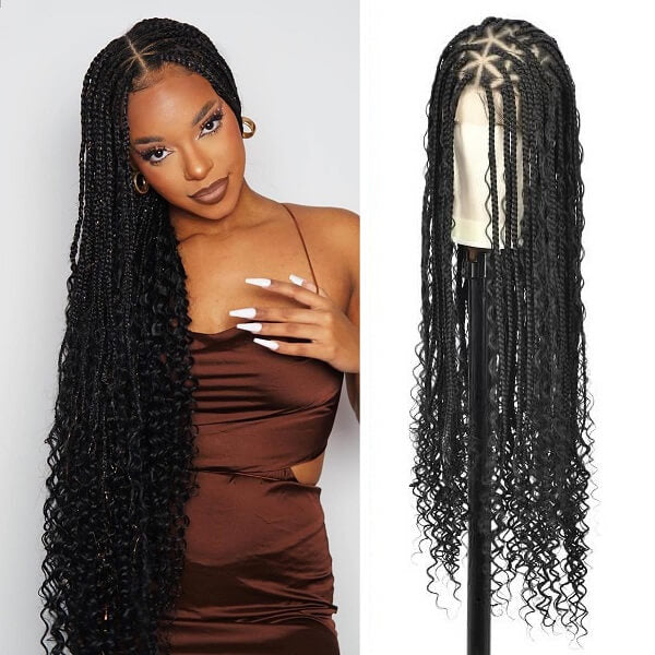 Triangle Box Braided Wig 32" Knotless Bohemian Box Braids With Curly Ends 13x7 Lace Wig-MBW21