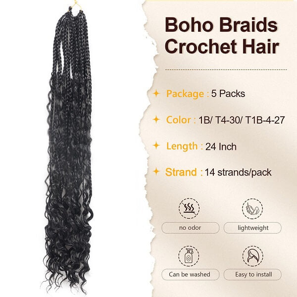 Boho Braids Crochet Braids Bohemian Braids With Curls Crochet Hair 24 Inch-MBW42