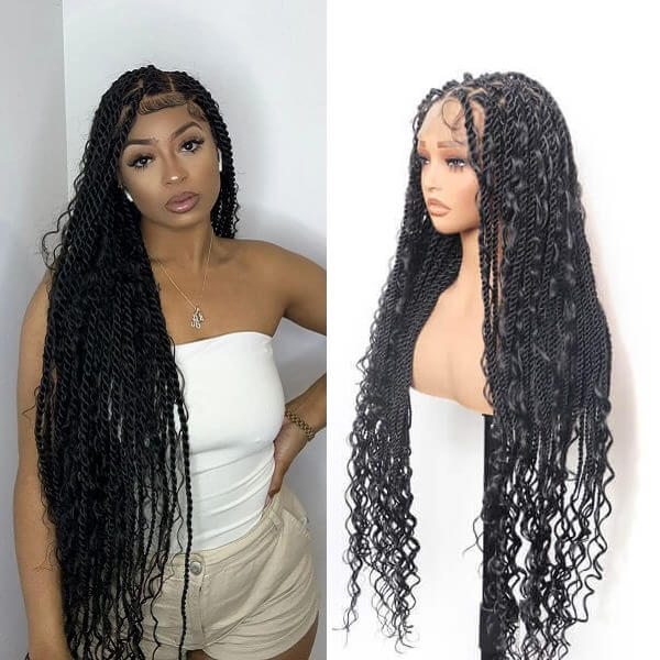 Boho Twisted Wig Full HD Lace PreBleached Knots Senegalese Twists Braided Wig With Tangle-free Curls 36"-MBW35