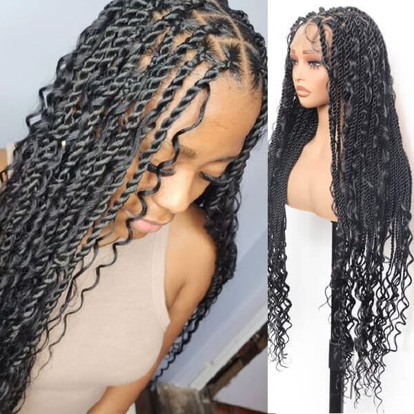 Boho Twisted Wig Full HD Lace PreBleached Knots Senegalese Twists Braided Wig With Tangle-free Curls 36"-MBW35