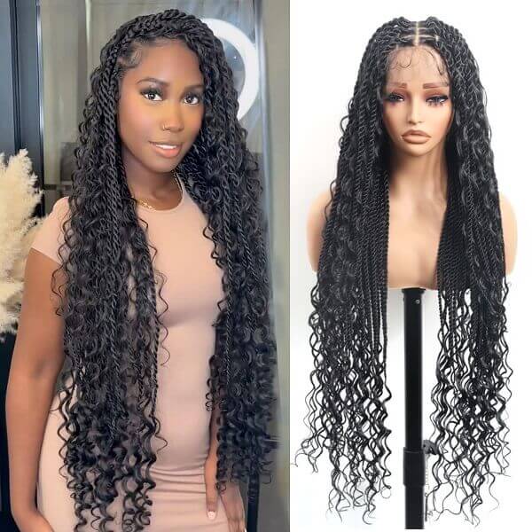 Boho Twisted Wig Full HD Lace PreBleached Knots Senegalese Twists Braided Wig With Tangle-free Curls 36"-MBW35