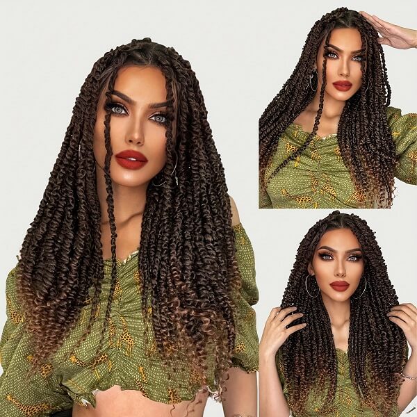 Triangle Parted Passion Twisted Wig With Curly Ends Knotless Braids 32" Full Double Lace Wig-MBW10