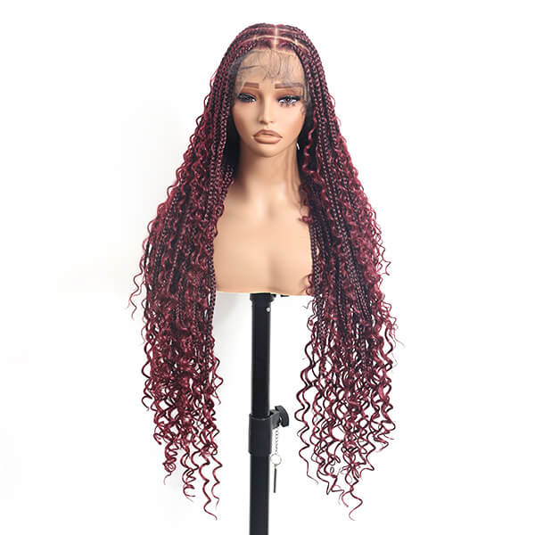 Boho Knotless Braids Invisible Tiny Knots Full HD Lace Braided Wig For Black Women Tangle-free Curly Ends 36Inch-MBW29