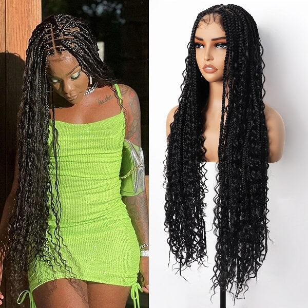 Knotless Bohemian Box Braids Wig With Curly Ends Tangle Less Full Lace Braided Wig 36 Inch-MBW26