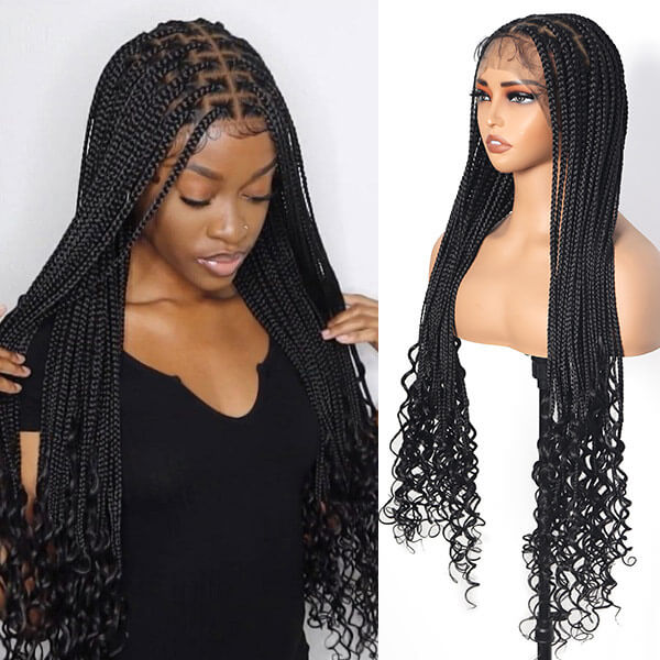 Hand-tied Invisi-Knot HD Full Lace Goddess Braid Wig Knotless Box Braids With Tangleless Curly Ends 36 Inch-MBW27