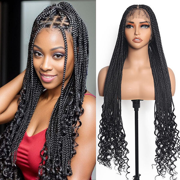 Hand-tied Invisi-Knot HD Full Lace Goddess Braid Wig Knotless Box Braids With Tangleless Curly Ends 36 Inch-MBW27