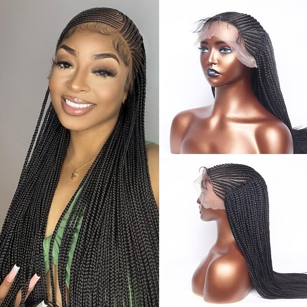 Asymmetric Side-Parted Cornrow Braided Wig 32” Micro Braids 13x7 Lace Front Wig-MBW15