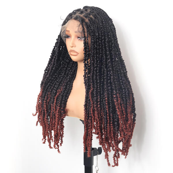 Ombre Burgundy Passion Twisted Wig Full Double Lace Braided Wig 36 Inch-MBW38