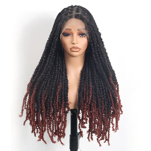 Ombre Burgundy Passion Twisted Wig Full Double Lace Braided Wig 36 Inch-MBW38