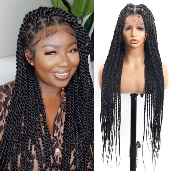 Full HD Lace Twisted Wig Invisible Tiny Knots Full Hand Tied Senegalese Twists Braided Wig 36 Inch-MBW34